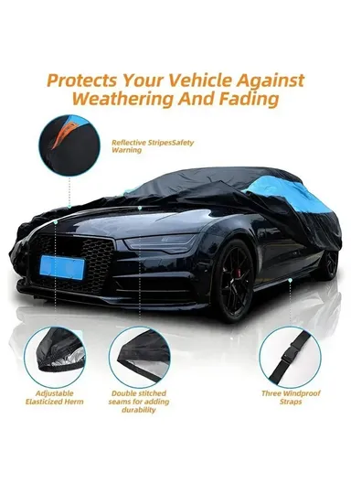 Waterproof Outdoor Car Cover for Sedan SUV Hatchback, UV Protection Cover with Reflective Strips - Black &amp; Blue / XXL