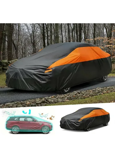 Waterproof Outdoor Car Cover for Sedan SUV Hatchback, UV Protection Cover with Reflective Strips - Black &amp; Orange / L