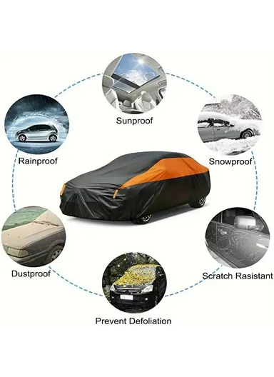 Waterproof Outdoor Car Cover for Sedan SUV Hatchback, UV Protection Cover with Reflective Strips - Black &amp; Orange / L