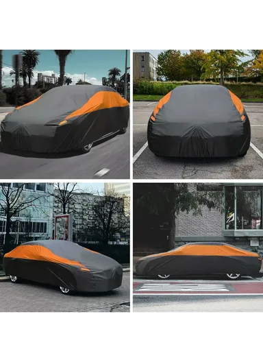 Waterproof Outdoor Car Cover for Sedan SUV Hatchback, UV Protection Cover with Reflective Strips - Black &amp; Orange / XL