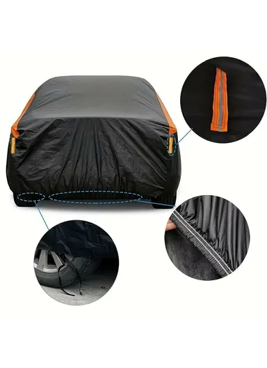 Waterproof Outdoor Car Cover for Sedan SUV Hatchback, UV Protection Cover with Reflective Strips - Black &amp; Orange / XXL