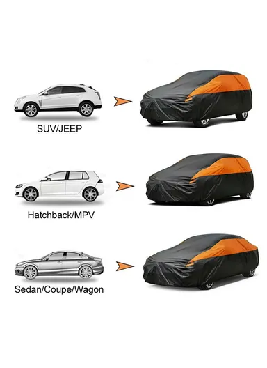 Waterproof Outdoor Car Cover for Sedan SUV Hatchback, UV Protection Cover with Reflective Strips - Black &amp; Orange / XXL