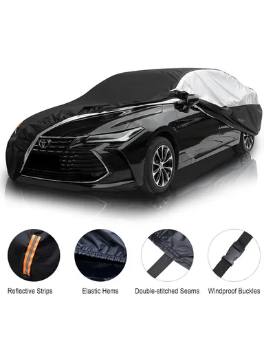 Waterproof Outdoor Car Cover for Sedan SUV Hatchback, UV Protection Cover with Reflective Strips - Black &amp; Silver / XL