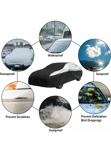 Waterproof Outdoor Car Cover for Sedan SUV Hatchback, UV Protection Cover with Reflective Strips - Black &amp; Silver / XXL