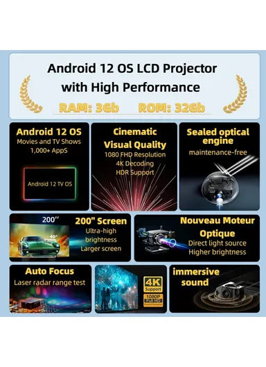 Android 12 Projector Auto Focus, 3D Mini Theater Full HD 1080P, LED 4K Video Projector U002 - EU Plug