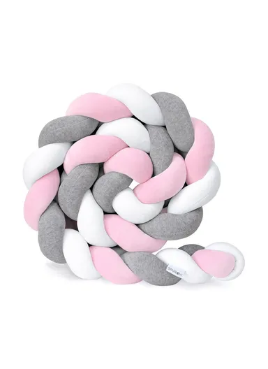 Baby Bed Bumper Weaving Plush Baby Crib Protector (L200 x W50 x T14)cm - Grey/White/Pink