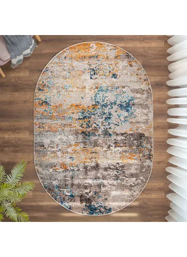 160 x 230 cm Art Mavi Oval Zymta Winter Carpet - Stone / Orange / Beige / Navy Blue