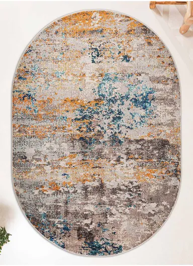 160 x 230 cm Art Mavi Oval Zymta Winter Carpet - Stone / Orange / Beige / Navy Blue