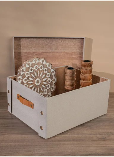 Multifunctional Foldable Fabric Storage Box With Lid - Reinforced, Extra Large and Stable Beige 26.5 x 31.5 x 14.5 cm