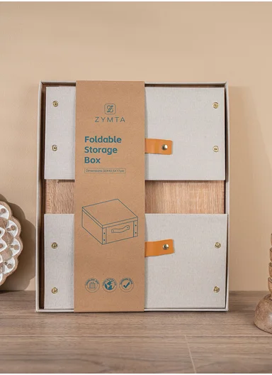 Multifunctional Foldable Fabric Storage Box With Lid - Reinforced, Extra Large and Stable Beige 26.5 x 31.5 x 14.5 cm