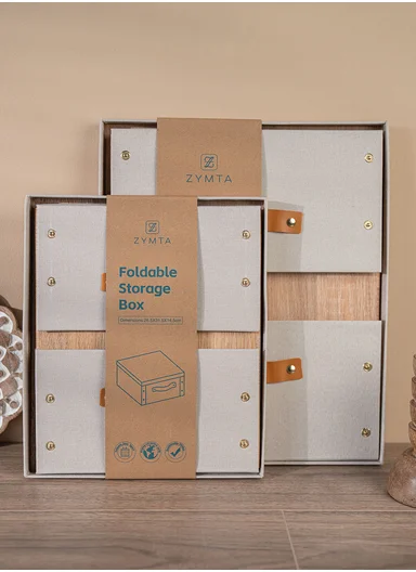 Multifunctional Foldable Fabric Storage Box With Lid - Reinforced, Extra Large and Stable Beige 26.5 x 31.5 x 14.5 cm