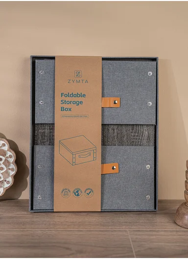 Multifunctional Foldable Fabric Storage Box With Lid - Reinforced, Extra Large and Stable Grey 26.5 x 31.5 x 14.5 cm
