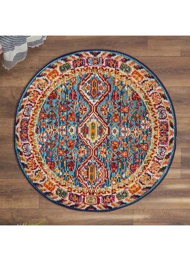 100 x 100 cm Art Geometric Garden Round Zymta Winter Carpet - Orange / Fuchsia / Turquoise / Green