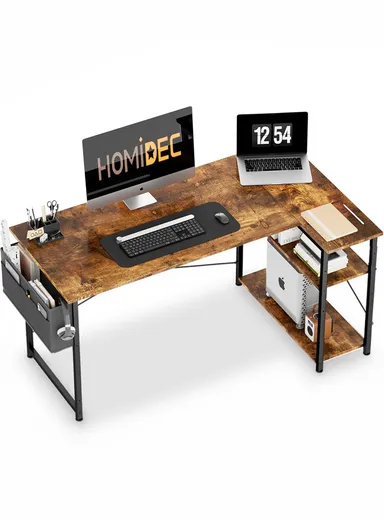 L-Shaped Computer Desk, Study &amp; Work Home Office Reversible Corner Desk with Open Shelves &amp; Side Storage Bag (W118 x D70 x H74)cm - Tiger Wood Finish