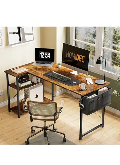 L-Shaped Computer Desk, Study &amp; Work Home Office Reversible Corner Desk with Open Shelves &amp; Side Storage Bag (W118 x D70 x H74)cm - Tiger Wood Finish