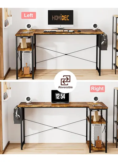 L-Shaped Computer Desk, Study &amp; Work Home Office Reversible Corner Desk with Open Shelves &amp; Side Storage Bag (W118 x D70 x H74)cm - Black