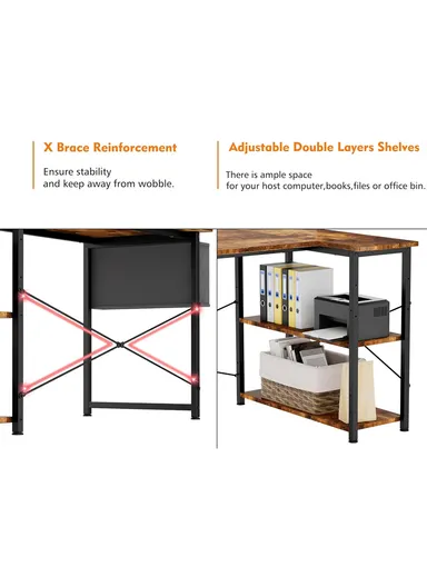 L-Shaped Computer Desk, Study &amp; Work Home Office Reversible Corner Desk with Open Shelves &amp; Side Storage Bag (W118 x D70 x H74)cm - Black