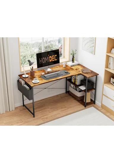 L-Shaped Computer Desk, Study &amp; Work Home Office Reversible Corner Desk with Open Shelves &amp; Side Storage Bag (W118 x D70 x H74)cm - Black