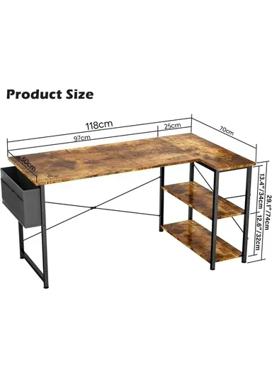 L-Shaped Computer Desk, Study &amp; Work Home Office Reversible Corner Desk with Open Shelves &amp; Side Storage Bag (W118 x D70 x H74)cm - Black