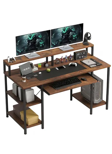 47" Home Office Desk, Study Writing Table, Computer Desk with Keyboard Tray, Open Shelves &amp; Monitor Stand (W120 x D53 x H78-88)cm - Tiger Wood