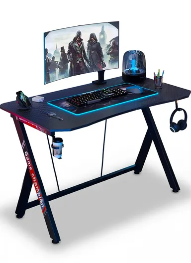47-Inch Gaming Computer Desk, Large Ergonomic Workstation with Cup Holder &amp; Headphone Hook (W120 x D60 x H74)cm - Carbon Fiber