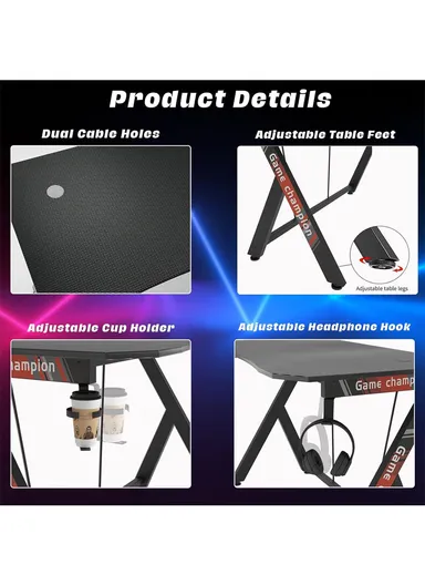 47-Inch Gaming Computer Desk, Large Ergonomic Workstation with Cup Holder &amp; Headphone Hook (W120 x D60 x H74)cm - Carbon Fiber
