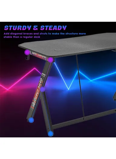 47-Inch Gaming Computer Desk, Large Ergonomic Workstation with Cup Holder &amp; Headphone Hook (W120 x D60 x H74)cm - Carbon Fiber