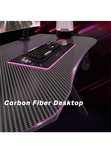 47-Inch Gaming Computer Desk, Large Ergonomic Workstation with Cup Holder &amp; Headphone Hook (W120 x D60 x H74)cm - Carbon Fiber