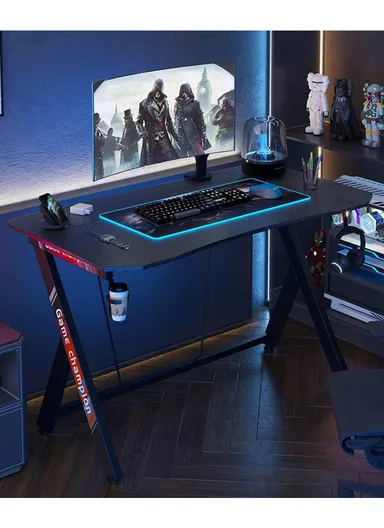 47-Inch Gaming Computer Desk, Large Ergonomic Workstation with Cup Holder &amp; Headphone Hook (W120 x D60 x H74)cm - Carbon Fiber