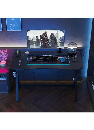 47-Inch Gaming Computer Desk, Large Ergonomic Workstation with Cup Holder &amp; Headphone Hook (W120 x D60 x H74)cm - Carbon Fiber