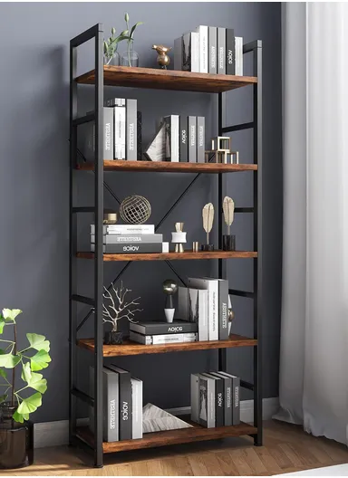 5-Tier Industrial Bookshelf, Wood Shelving Unit with Metal Frame, Open Storage Bookcase &amp; Display Rack (W63 x D30 x H159cm) – Tiger Wood