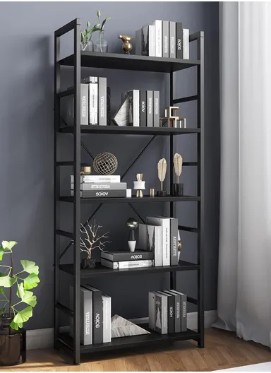5-Tier Industrial Bookshelf, Wood Shelving Unit with Metal Frame, Open Storage Bookcase &amp; Display Rack (W63 x D30 x H159cm) – Black