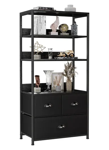 4-Tier Storage Shelf &amp; 3 Fabric Drawers, Freestanding Organizer with Metal Frame &amp; Wood Top, Bedroom Living Room Office Bookcase (W58 x D30 x H120)cm - Black