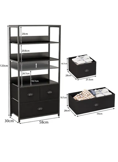 4-Tier Storage Shelf &amp; 3 Fabric Drawers, Freestanding Organizer with Metal Frame &amp; Wood Top, Bedroom Living Room Office Bookcase (W58 x D30 x H120)cm - Black