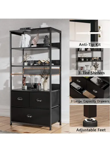 4-Tier Storage Shelf &amp; 3 Fabric Drawers, Freestanding Organizer with Metal Frame &amp; Wood Top, Bedroom Living Room Office Bookcase (W58 x D30 x H120)cm - Black