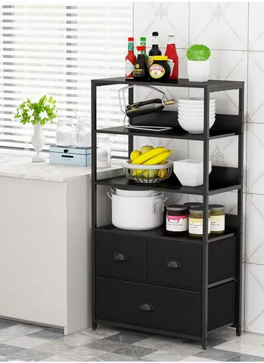 4-Tier Storage Shelf &amp; 3 Fabric Drawers, Freestanding Organizer with Metal Frame &amp; Wood Top, Bedroom Living Room Office Bookcase (W58 x D30 x H120)cm - Black