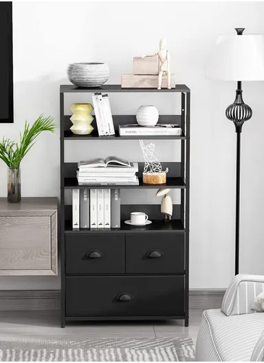 4-Tier Storage Shelf &amp; 3 Fabric Drawers, Freestanding Organizer with Metal Frame &amp; Wood Top, Bedroom Living Room Office Bookcase (W58 x D30 x H120)cm - Black