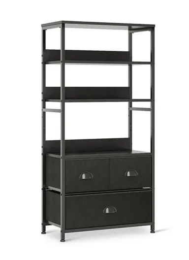 4-Tier Storage Shelf &amp; 3 Fabric Drawers, Freestanding Organizer with Metal Frame &amp; Wood Top, Bedroom Living Room Office Bookcase (W58 x D30 x H120)cm - Black
