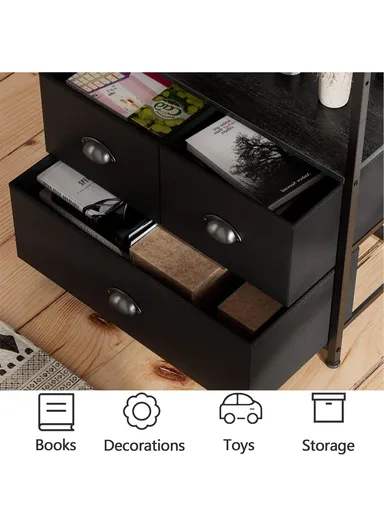 4-Tier Storage Shelf &amp; 3 Fabric Drawers, Freestanding Organizer with Metal Frame &amp; Wood Top, Bedroom Living Room Office Bookcase (W58 x D30 x H120)cm - Black