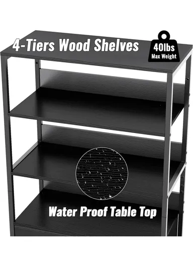 4-Tier Storage Shelf &amp; 3 Fabric Drawers, Freestanding Organizer with Metal Frame &amp; Wood Top, Bedroom Living Room Office Bookcase (W58 x D30 x H120)cm - Black
