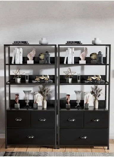 4-Tier Storage Shelf &amp; 3 Fabric Drawers, Freestanding Organizer with Metal Frame &amp; Wood Top, Bedroom Living Room Office Bookcase (W58 x D30 x H120)cm - Black