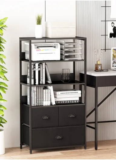 4-Tier Storage Shelf &amp; 3 Fabric Drawers, Freestanding Organizer with Metal Frame &amp; Wood Top, Bedroom Living Room Office Bookcase (W58 x D30 x H120)cm - Black