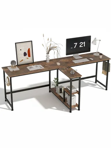 Spacious T-Shaped Home Office Desk, Work &amp; Study Computer Desk with Headphone Hook, Open Shelves &amp; Adjustable Feet (W213 x D88 x H74)cm - Tiger Wood