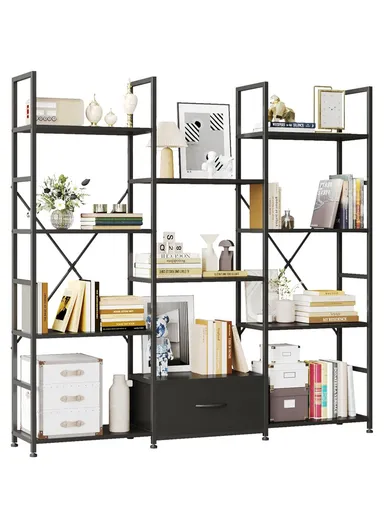 4-Tier Wide Bookshelf with 10 Open Display Shelves &amp; Bottom Drawer, Large Storage Book Shelf for Living Room Bedroom Office (W144 x D25 x H140)cm - Black