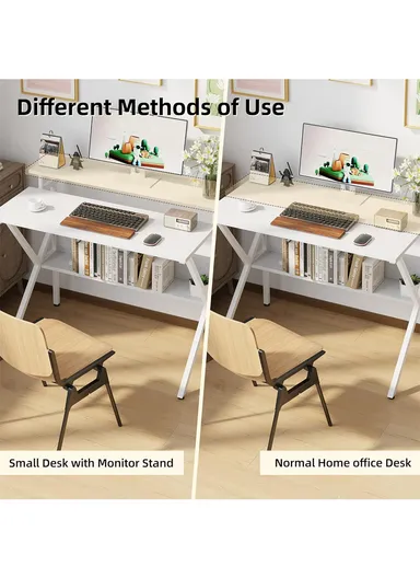Compact Space-Saving Computer Desk, Dual-Purpose Home Office Desk with Adjustable Monitor Stand &amp; Storage Shelf (W100 x D60 x H85)cm - Tiger Wood