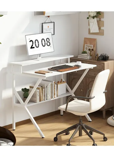 Compact Space-Saving Computer Desk, Dual-Purpose Home Office Desk with Adjustable Monitor Stand &amp; Storage Shelf (W100 x D60 x H85)cm - Tiger Wood