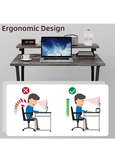 Compact Space-Saving Computer Desk, Dual-Purpose Home Office Desk with Adjustable Monitor Stand &amp; Storage Shelf (W100 x D60 x H85)cm - Tiger Wood