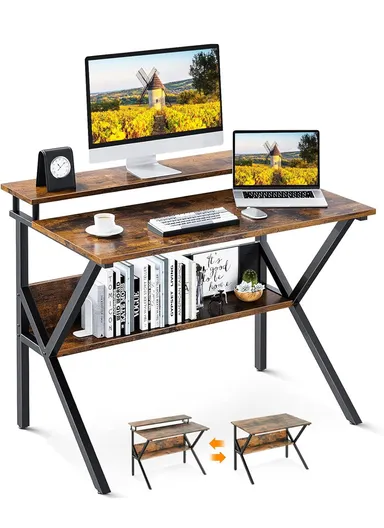 Compact Space-Saving Computer Desk, Dual-Purpose Home Office Desk with Adjustable Monitor Stand &amp; Storage Shelf (W100 x D60 x H85)cm - Tiger Wood