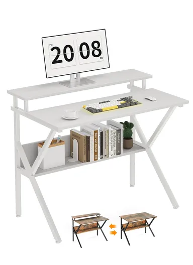 Compact Space-Saving Computer Desk, Dual-Purpose Home Office Desk with Adjustable Monitor Stand &amp; Storage Shelf (W100 x D60 x H85)cm - White