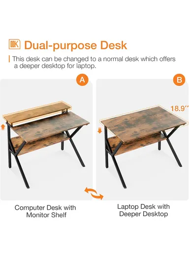Compact Space-Saving Computer Desk, Dual-Purpose Home Office Desk with Adjustable Monitor Stand &amp; Storage Shelf (W100 x D60 x H85)cm - White